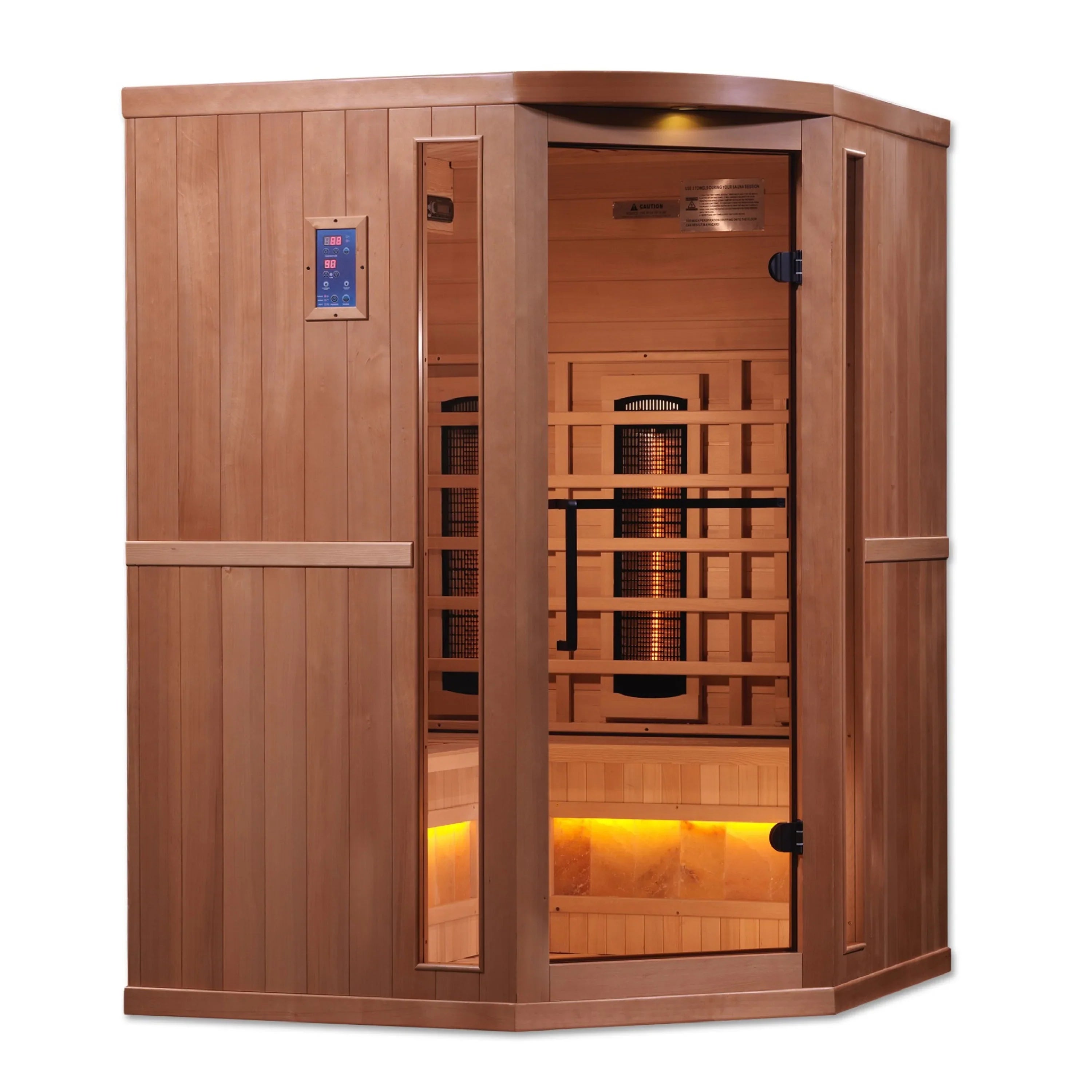 Golden Designs 3-Person Corner Full Spectrum Sauna with Near Zero Carbon Heaters and Himalayan Salt Bar INFRARED SAUNA Golden Designs Saunas   