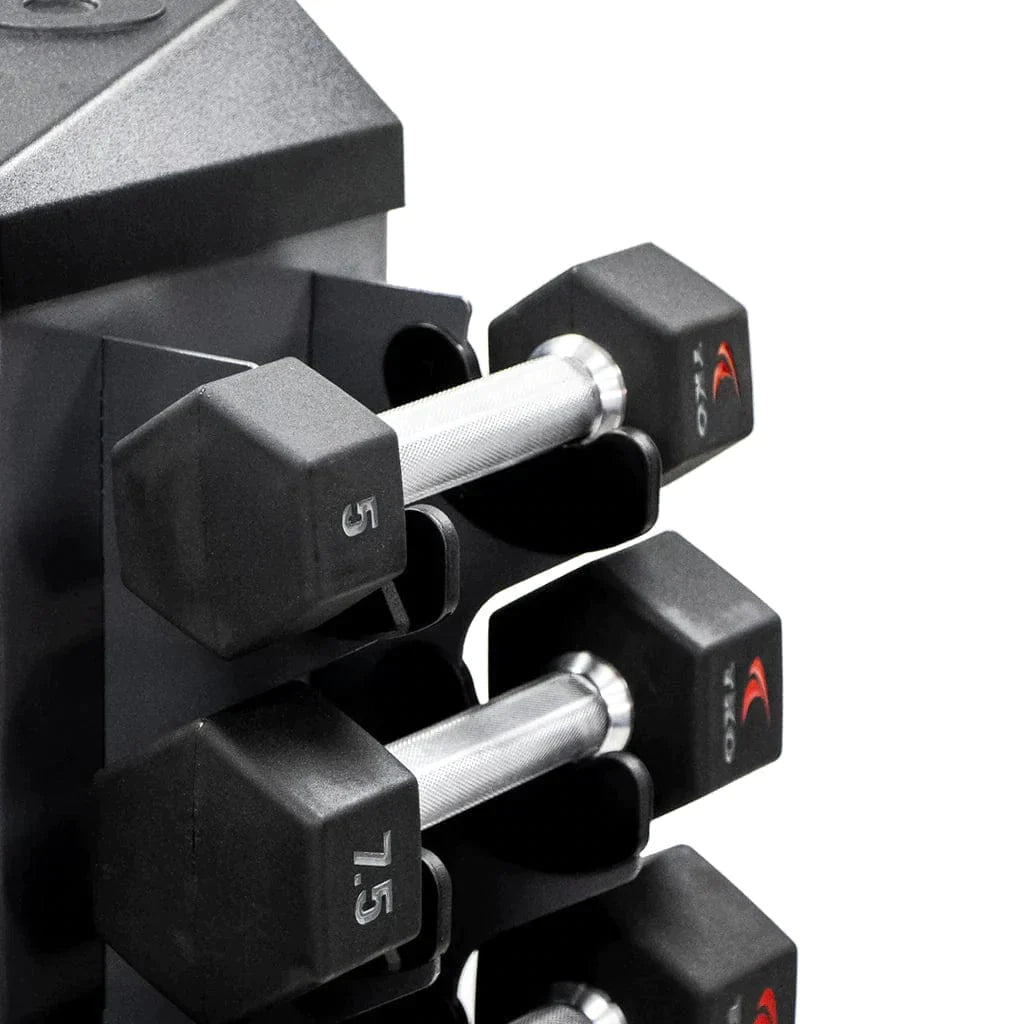 TKO 8 Pair Vertical Dumbbell Rack + Optional Dumbbell Sets Dumbbell Rack TKO Strength and Performance 3-25 Lb. Urethane Tri-Grip Set and Rack  